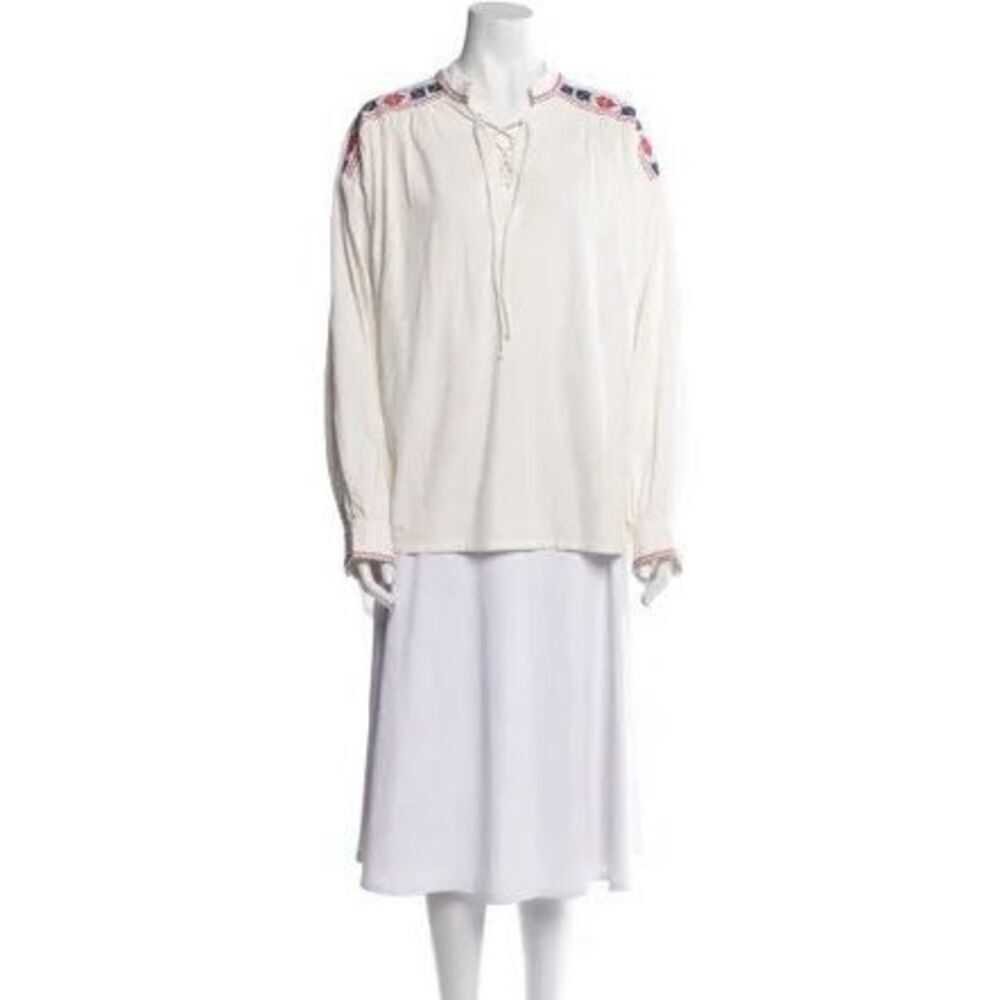 XiRENA Cream Peasant Blouse with Pink and Blue Embroidery